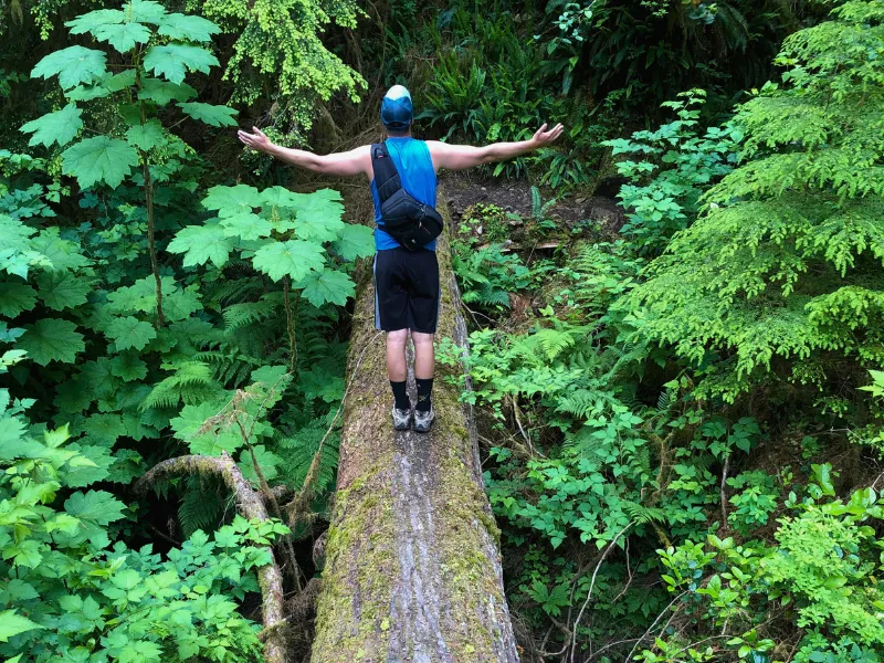 Man standing on log bridge hiking