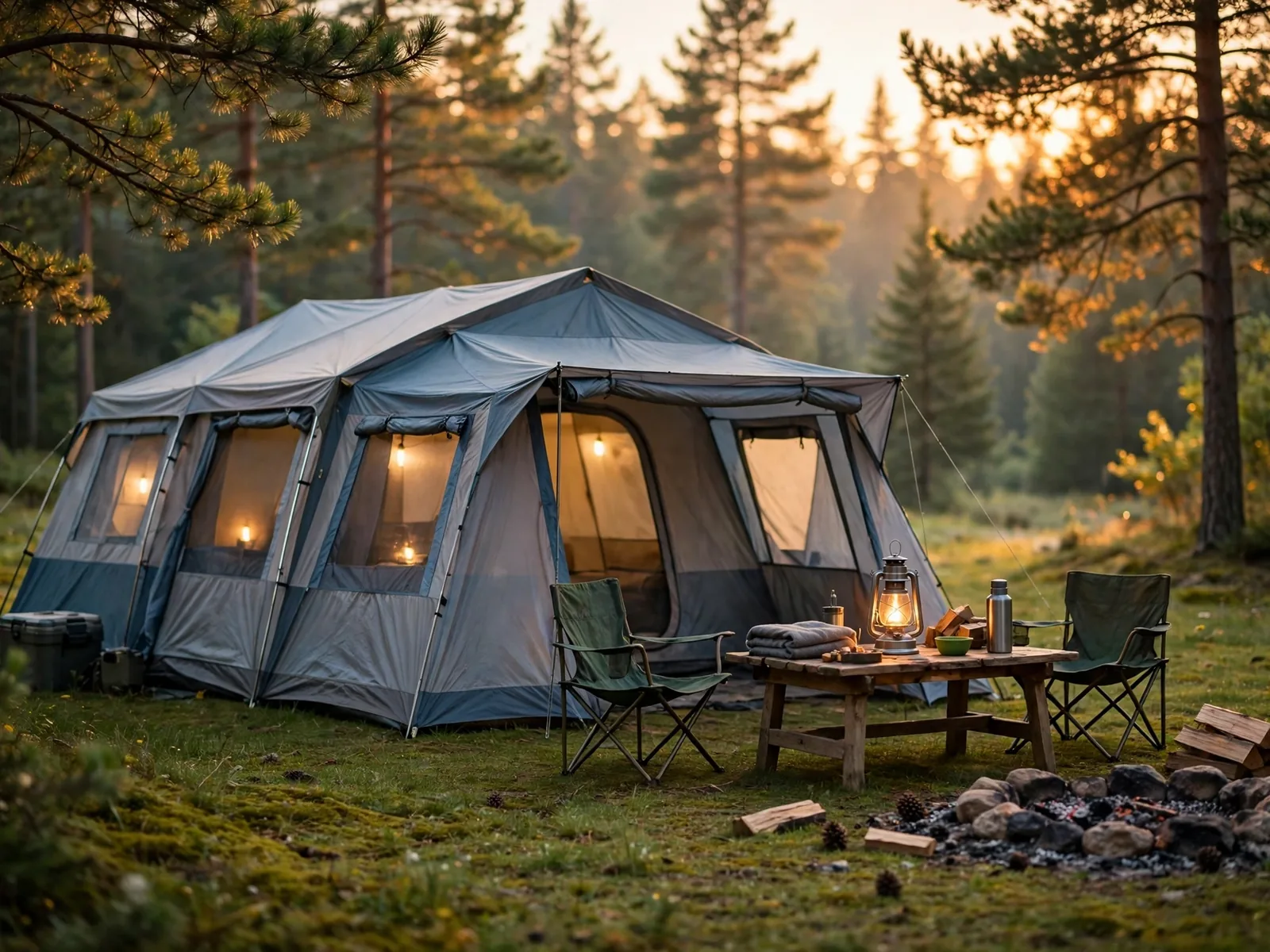 A large multi-room cabin tent glowing at dusk at a family campsite in the pines
